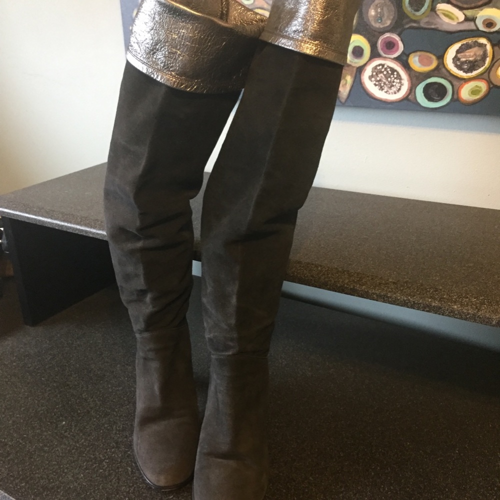 CHANEL Authentic Knee High Suede Boots Dark Grey with silver top